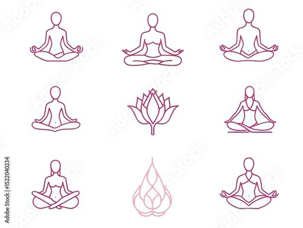 Fototapeta Flat style yoga woman illustration set: Multiple pastel poses with mat and leaf elements on white background. Minimalist doodle characters for fitness logos, health apps, digital content