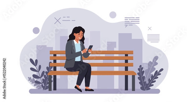 Fototapeta a woman sitting on a bench with a cell Contemporary Flat Vector Illustration. Suitable for Landing Page, Marketing Presentation, Infographics, Social Media Posts, Blog Illustration, etc. 