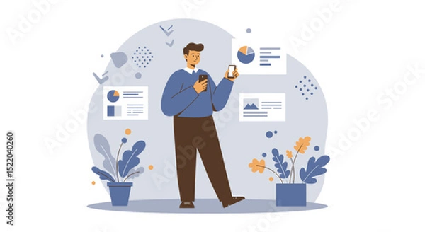 Fototapeta a man standing in front of a wall with a phone Minimalist Vector Design. Suitable for Landing Page, Marketing Presentation, Infographics, Social Media Posts, Blog Illustration, etc.