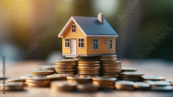 Fototapeta Small model house sitting on stacks of coins symbolizing real estate investment property finance and home ownership