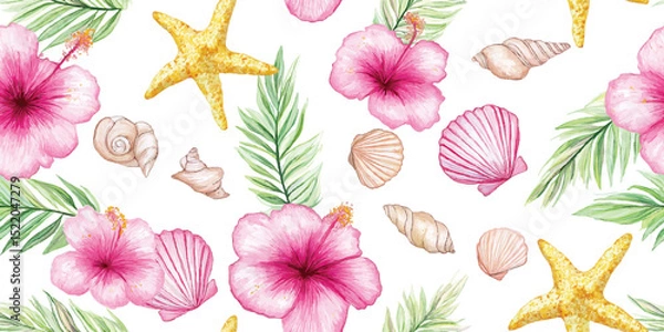 Obraz Hibiscus, starfish, seashell, Watercolor Tropical Seamless Pattern design for summer holidays background.