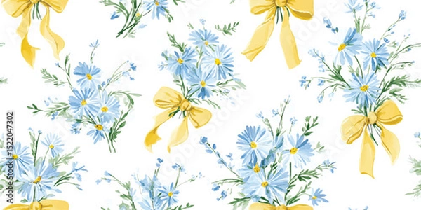 Obraz Watercolor Blue Daisies and Yellow Ribbons on white Seamless Pattern. Elegant Floral Bouquet Repeat Background for Spring Events, Textiles, and Stationery