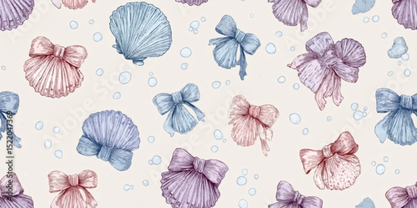 Obraz Hand-Drawn Seashell and Bow Seamless Pattern. Elegant Nautical Repeat Background for Children's Decor, Fabric, and Stationery