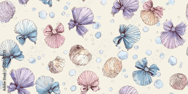 Obraz Hand-Drawn Seashell and Bow Seamless Pattern. Elegant Nautical Repeat Background for Children's Decor, Fabric, and Stationery