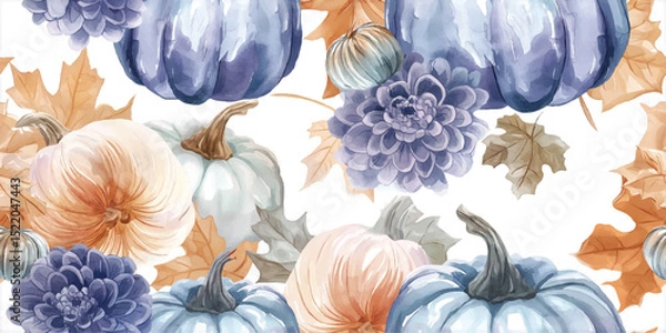 Obraz Watercolor Fall Pumpkins and Flowers Seamless Pattern. Elegant Autumn Harvest Repeat Background for Thanksgiving, Farmhouse Decor, and Textiles