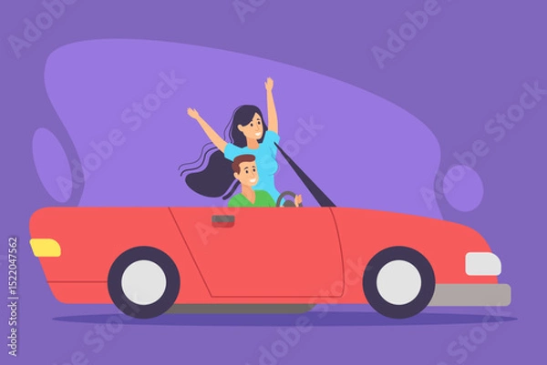 Obraz Two friends happily riding in red convertible car with their arms raised in excitement. Adventure trip concept