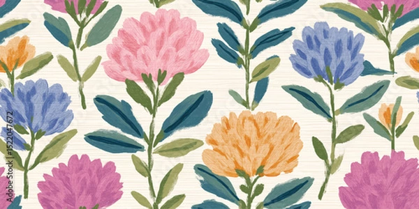 Obraz Textured Folk Art Floral Seamless beige Pattern. Vibrant Abstract Flower Repeat Background for Boho Decor, Fabric, and Stationery