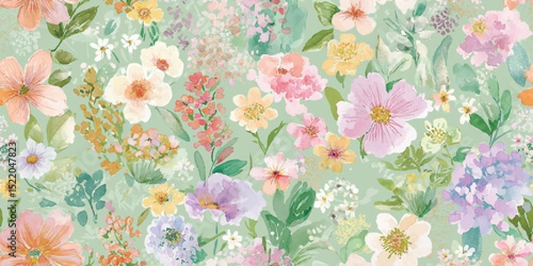 Obraz Vibrant Watercolor Garden Floral Seamless Pattern. Cheerful Spring Blossom Repeat Background for Textiles, Home Decor, and Stationery