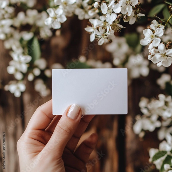 Fototapeta Blank business card held against a spring floral background.ai generated