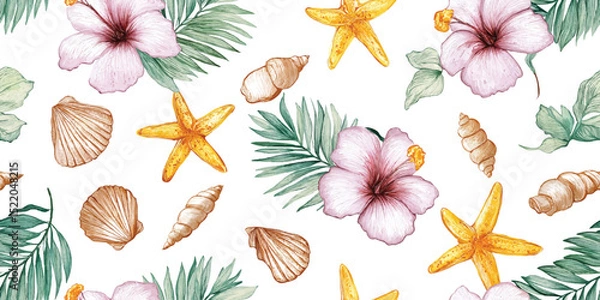 Obraz Vibrant Tropical Hibiscus and Seashells Seamless Pattern. Exotic Beach Repeat Background for Summer Fashion and Coastal Decor