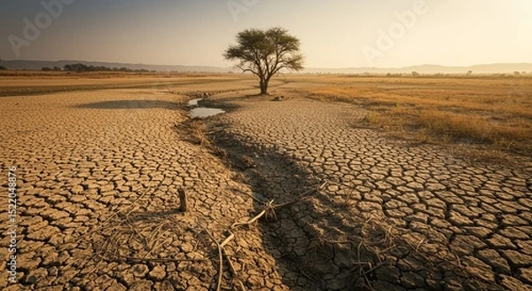 Fototapeta A dry, barren landscape with a tree in the middle