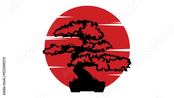 Obraz A stylized depiction of a bonsai tree against a large red sun, evoking a serene Lunar New Year theme with Japanese art influences.