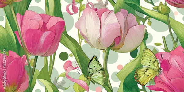Obraz Vibrant Pink Tulips and Butterflies Seamless Pattern. Cheerful Spring Botanical Repeat Background for Textiles, Decor, and Stationery
