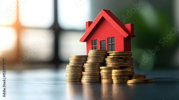 Fototapeta House Model on Stack of Coins Representing Real Estate Investment Property Finance and Wealth Growth