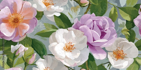 Obraz Elegant Vintage Roses Floral Seamless Pattern. Soft Pink and Lavender Botanical Repeat Background for Romantic Decor and Textiles