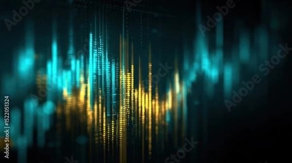 Obraz AI unit with golden beam stock chart projection on cool cyan backdrop