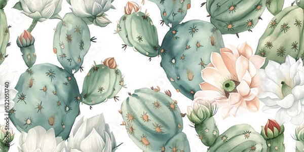 Obraz Elegant Watercolor Prickly Pear Cactus Seamless Pattern. Soft Desert Bloom Repeat Background with Clean Botanical Flowers for Decor and Textiles