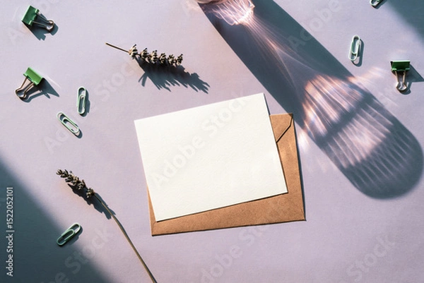 Fototapeta Minimalist flat lay composition with blank card, brown envelope, lavender and stationery in natural light. Top view, mockup