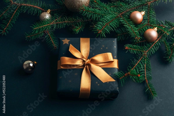 Fototapeta Black gift box, Christmas baubles and fir tree on black background. New Year concept. Top view, flat lay