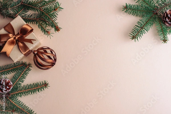 Fototapeta Christmas flat lay with green pine branches, bronze gift box with ribbon and ornaments arranged on a beige background. Top view, copy space