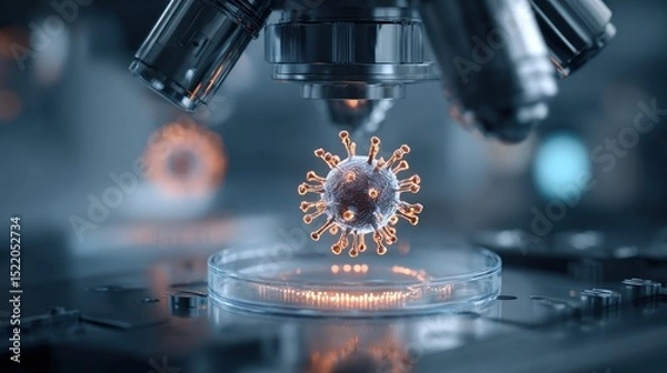 Obraz Biotech lab robot displaying microscopic virus hologram on sterile clean background