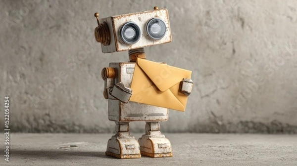 Obraz Courier robot holding a sealed envelope over a brushed concrete backdrop