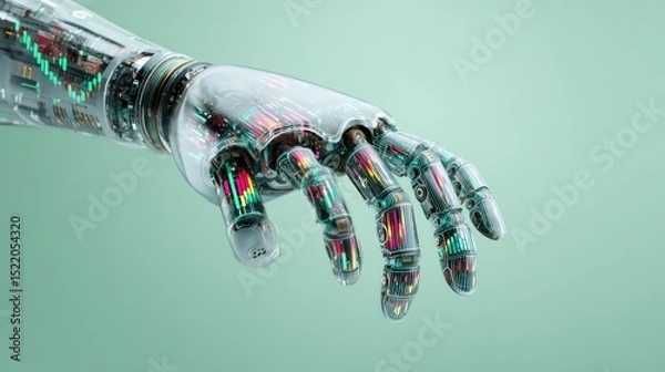 Obraz Cyber robot hand with financial heatmap chart suspended over light mint green