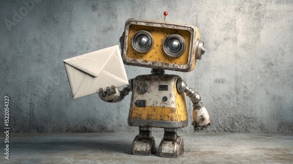 Obraz Courier robot holding a sealed envelope over a brushed concrete backdrop