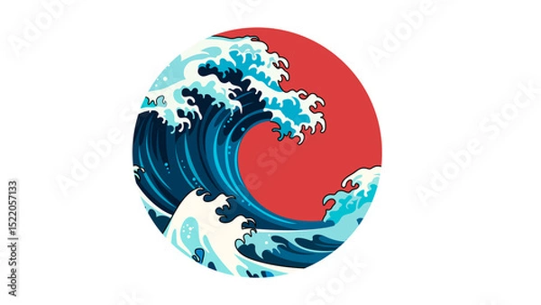 Obraz Water wave graphic on red circle background in Japanese style