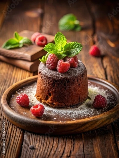 Fototapeta Rich chocolate lava cake with fresh raspberries and cocoa dust on a rustic wooden plate