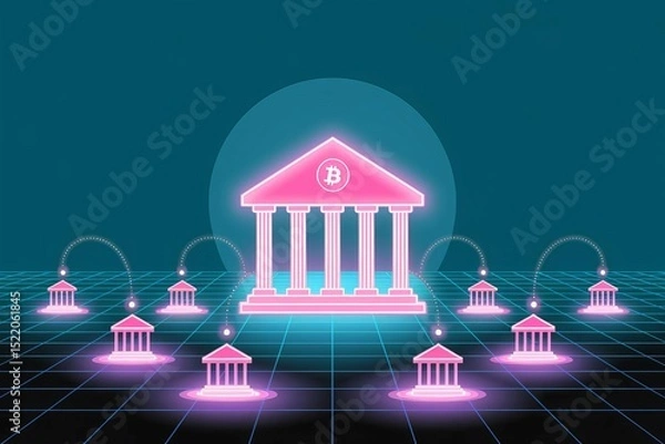 Obraz Neon Pink Bitcoin Bank Building and Network of Smaller Banks on a Retro Grid Background