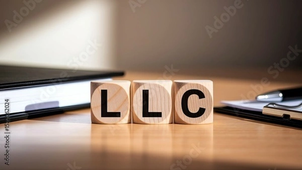 Obraz LLC Abbreviation on Wooden Cubes, Business Concept Image, Close-Up View on Desk with Notebook and Clipboard