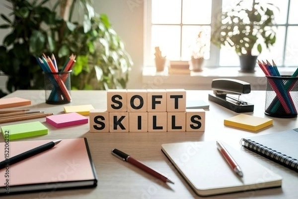 Obraz Wooden Blocks Spelling Soft Skills on a Desk with Office Supplies and Plants