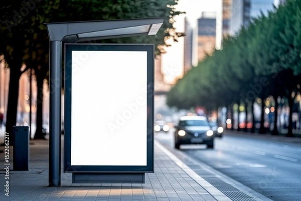 Obraz Blank Advertising Billboard at City Bus Stop, Modern Urban Street Scene with Blurred Traffic and Trees