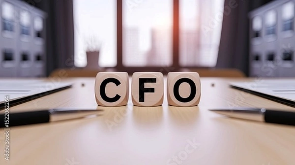 Obraz CFO Acronym Spelled with Wooden Cubes on Desk in Office Setting near Documents and Pens