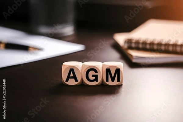 Obraz AGM Meeting Wooden Cubes Spelling Annual General Meeting on a Desk with Notebook and Pen