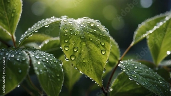 Fototapeta Lush green leaves glistening with morning dew drops, showcasing vibrant nature, plant life details in a close-up view and blured background.