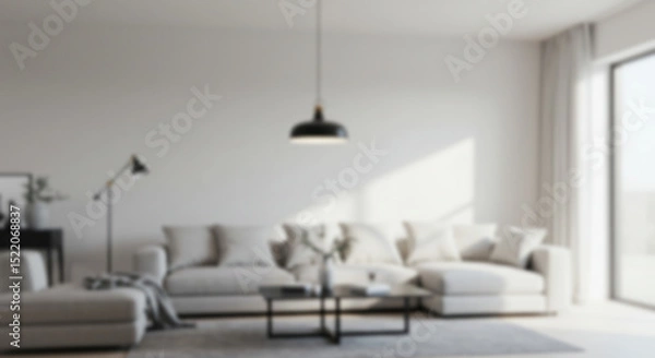 Fototapeta blur background of bright, modern living room features comfortable sofas and a prominent abstract painting, offering a serene and inviting ambiance, for green screen or live streaming background 8