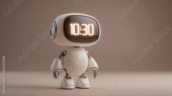 Obraz Smart assistant robot projecting clock time hologram on neutral taupe background