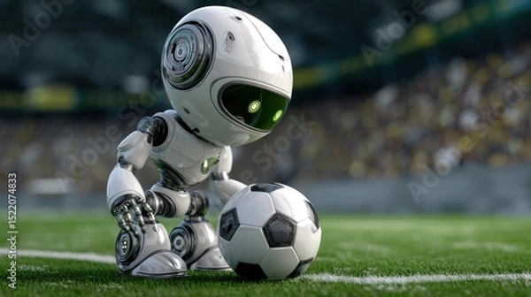 Obraz Sports assistant robot inflating and inspecting soccer balls on pitch green background
