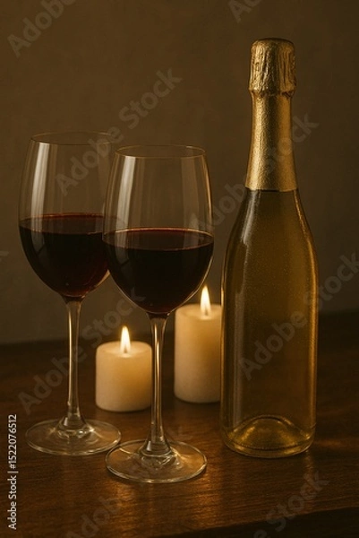 Fototapeta Warm Glow of Candles and Wine Bottles on a Wooden Table