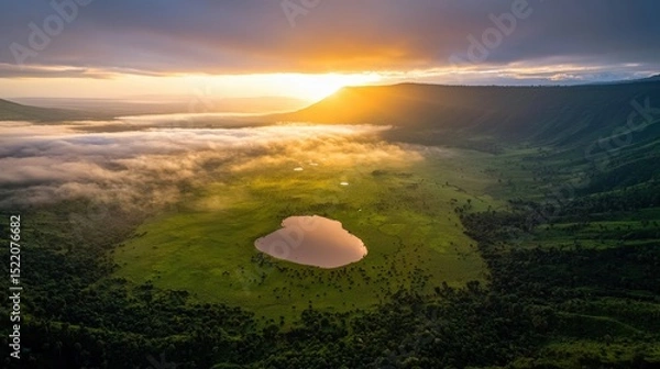 Fototapeta Aerial view of the Ngorongoro Crater at sunrise, with wildlife visible along the crater floor