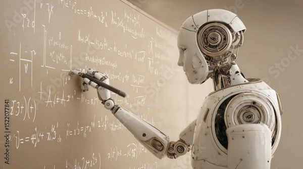 Obraz Teaching robot writing formulas on smartboard on ivory background