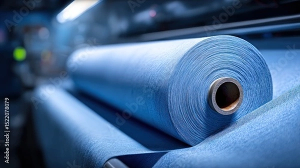Obraz Textile quality robot scanning fabric rolls on soft denim blue background