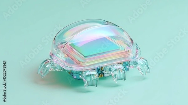 Obraz Transparent shell robot holding a floating hologram chip on a pastel mint surface