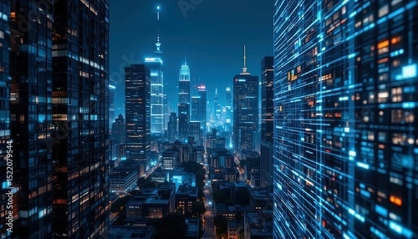 Obraz Futuristic city skyline at night with digital overlay.