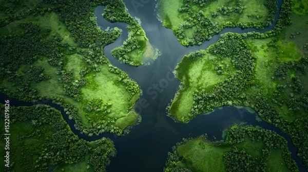 Fototapeta Aerial view of the Okavango Delta in Botswana, with its intricate waterways and wildlife-filled plains