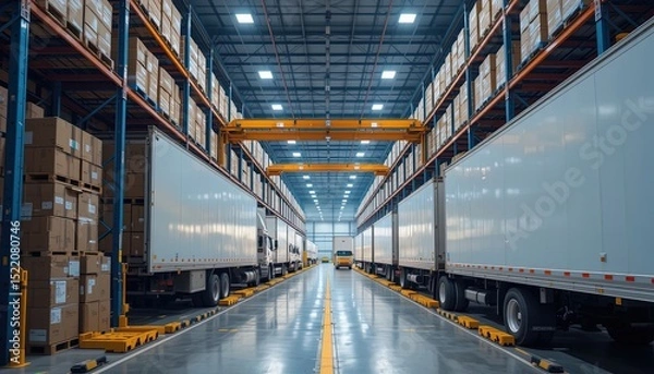 Obraz Rows of trucks in a large warehouse.
