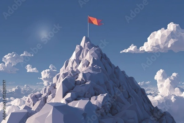 Fototapeta Abstract Mountain Peak with Flag in a Clear Blue Sky