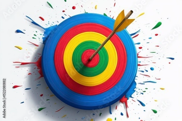 Fototapeta Colorful Bullseye Target with Arrow and Paint Splash Effects
